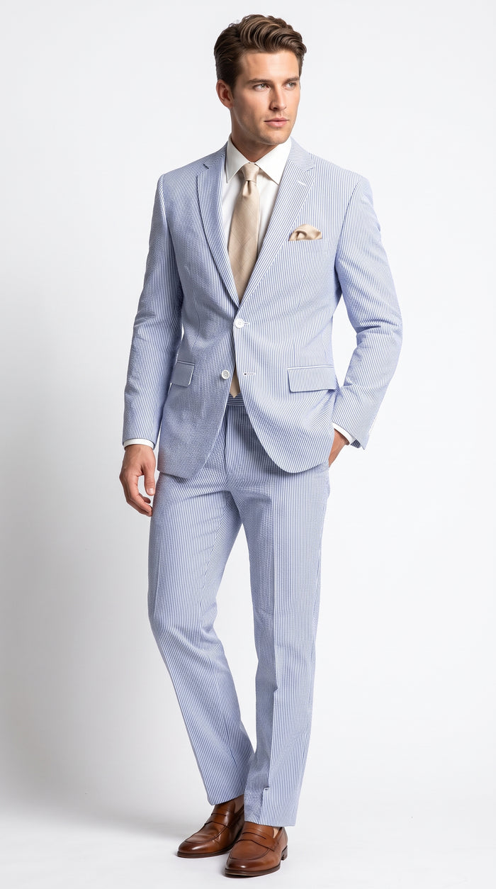 Men’s Navy Seersucker 2 Piece Suit, Modern Fit Summer Wedding Dress Suit