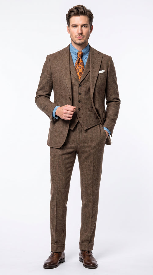 Men’s Brown Great Gatsby Costume Suit, 1920s Vintage Vested Suit Package with Shirt and Tie