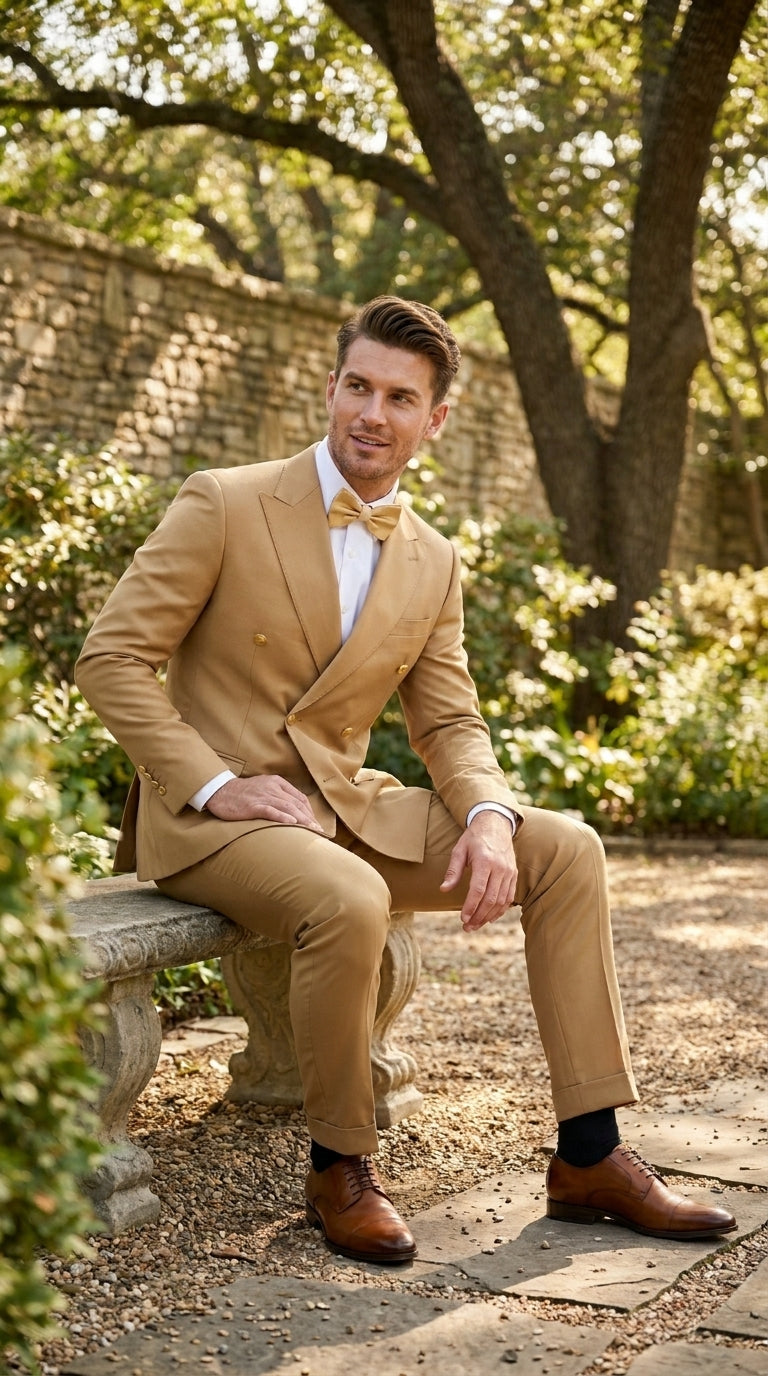 Rossiman Men’s Mustard Yellow Double Breasted Suit, Designer Fashion Dress Suit for Weddings, Prom, Parties, and Special Occasions