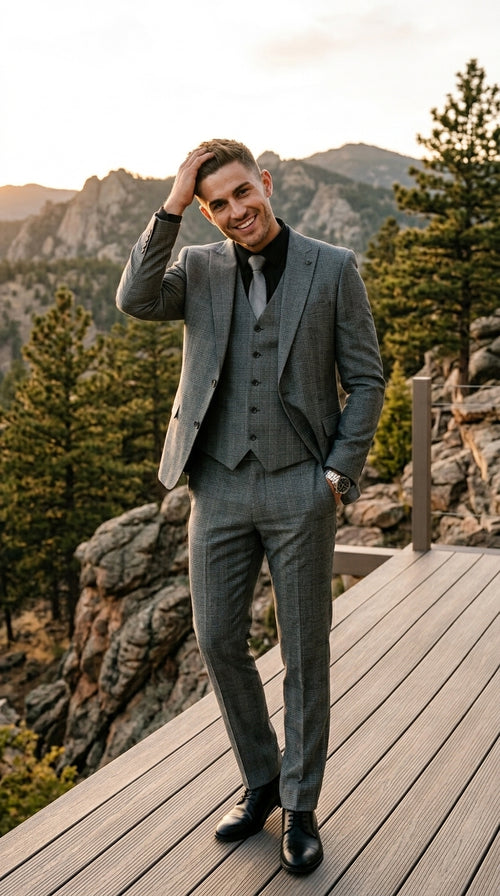 Stacy Adams Men’s 3 Piece Glen Check Hybrid Fit Suit, Formal Wedding Business Suit in Navy, Gray and Brown