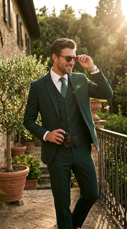 Men’s Hunter Green Vested Suit, Statement Formal Wedding Prom 3 Piece Suit Set
