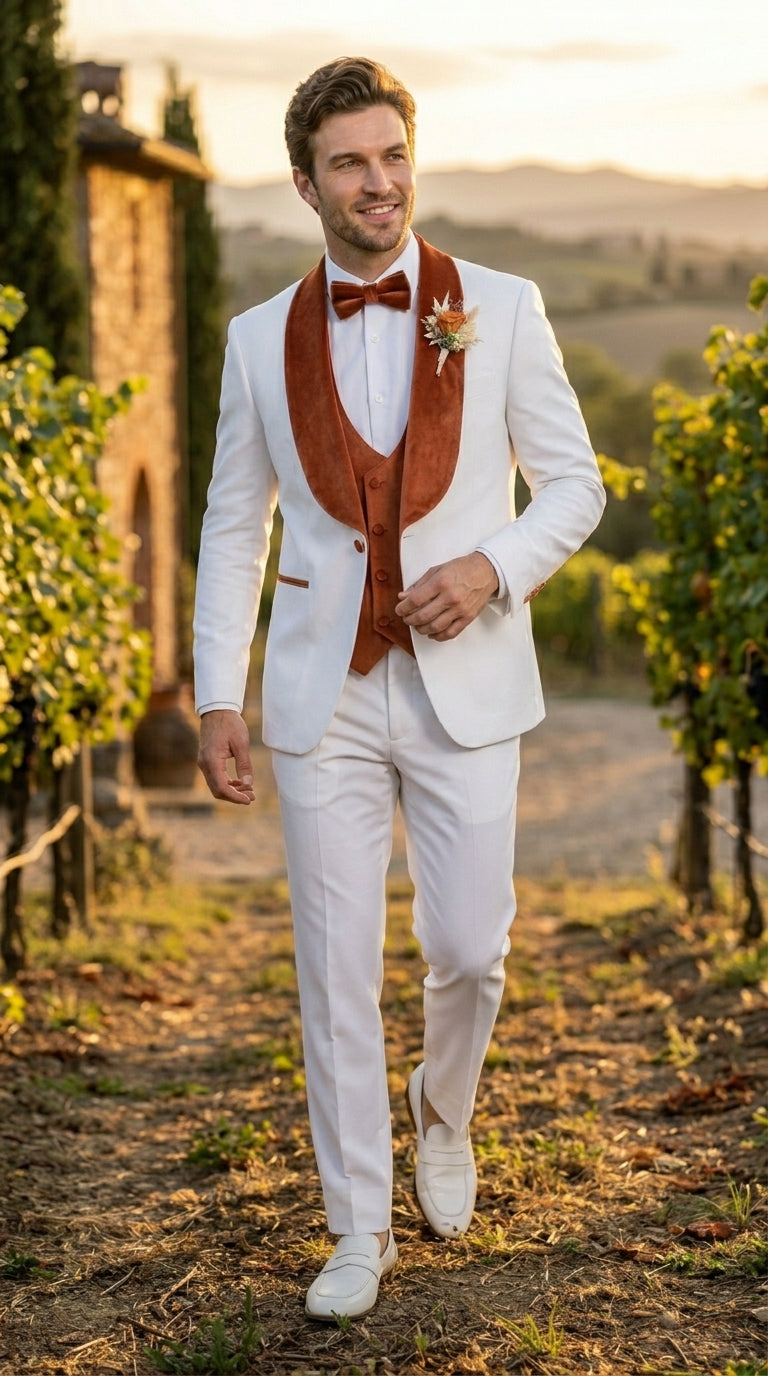 Men’s Cream Wedding Suit with Orange Contrast Shawl Lapel, Vested Groom Formal Suit Set
