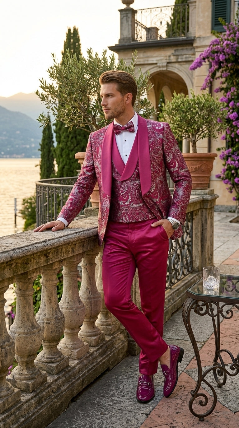 Statement Men’s Red Patterned Vested Tuxedo with Bowtie, Paisley Formal Wedding Prom Suit Set