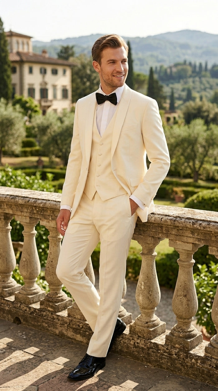 Statement Men’s Off White 100% Wool Vested Tuxedo with White Lapel, Wedding Prom Formal Suit Set