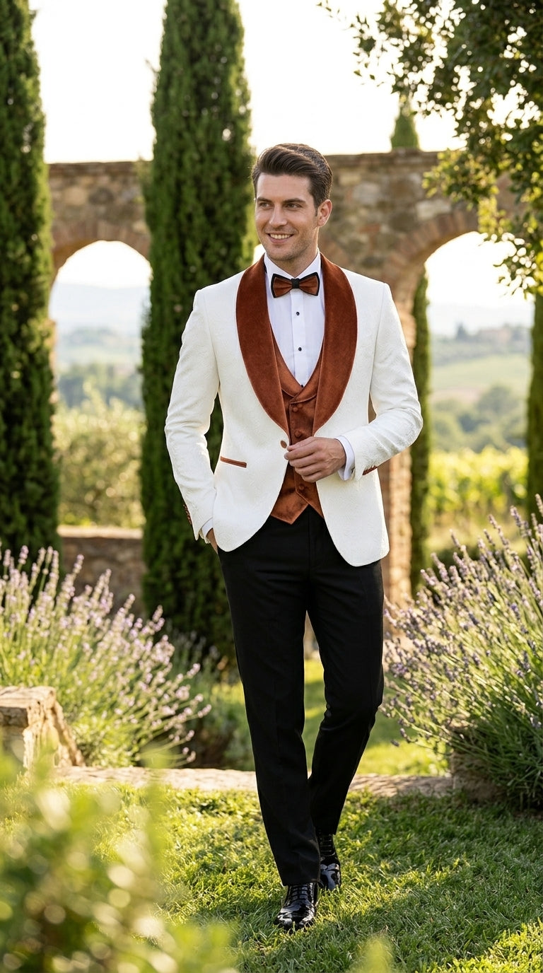 Men’s White Paisley Tuxedo with Burnt Orange Velvet Shawl Lapel, Formal Wedding Prom Dinner Suit - Orange and White