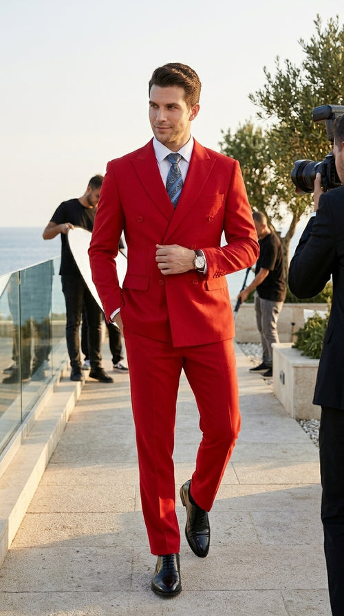 Men’s Red Double Breasted Poplin Suit, Classic Formal Wedding Church Business Suit Set