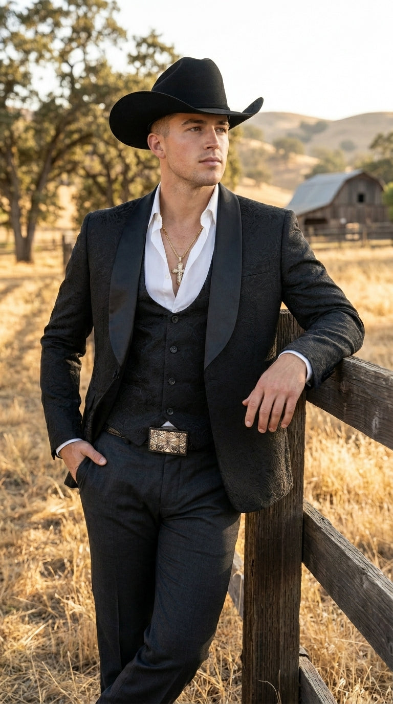 Men’s Black Paisley Jacquard Western Formal Blazer with Satin Shawl Lapel, Designer Jacket