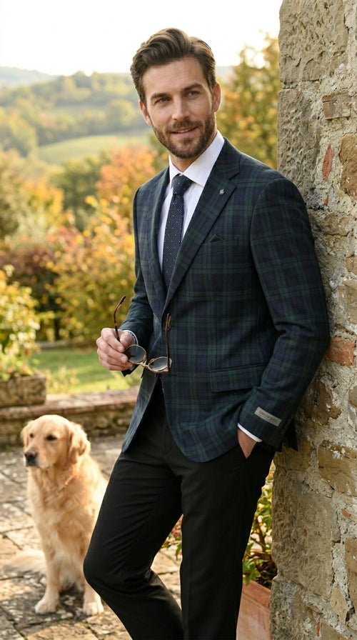 Stacy Adams Men’s Glen Plaid Hybrid Fit Sport Coat, Business Casual Blazer in Navy, Burgundy and Blue