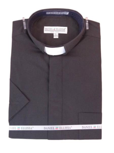 Men's Mandarin Banded Collar Pastor Preacher Minister Preacher Round Style Short Sleeve Black Collarless Shirt - 19.5" Neck / 36-37" Sleeve