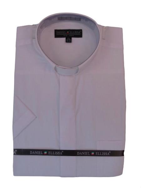 Men's Mandarin Banded Collar Pastor Preacher Minister Short Sleeve Preacher Round Style tea pink Collarless Shirt