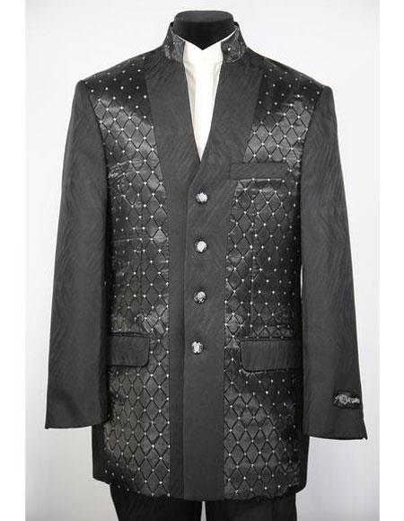 Men's Mandarin Collar 4 Button 2piece Diamond Pattern Black Zoot Suit - 52 Long