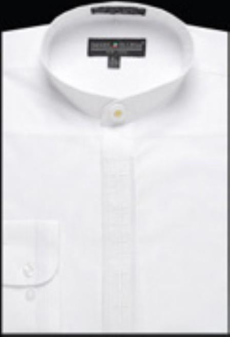 Men's Collarless Embroidered Mandarin Banded Collar Preacher Round Style White Men's Dress Shirt