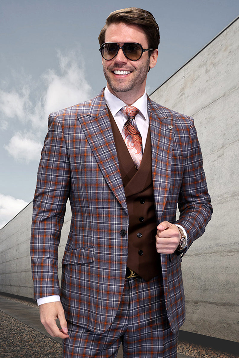 Men's Single Button Designer Wool Suit With Double Breasted Vest in Grey & Rust Windowpane Plaid - 36 Short