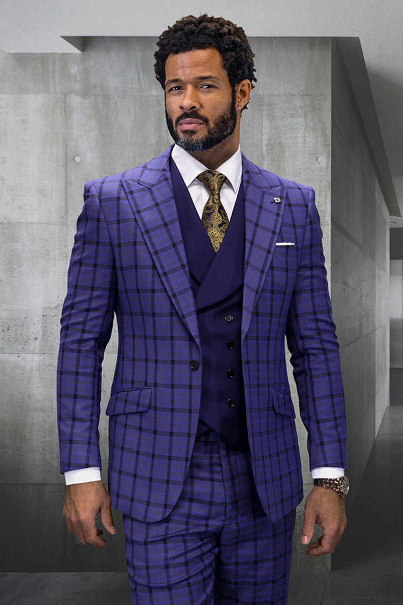 Men's Single Button Designer Wool Suit With Double Breasted Vest in Sapphire Blue Windowpane Plaid - 36 Short