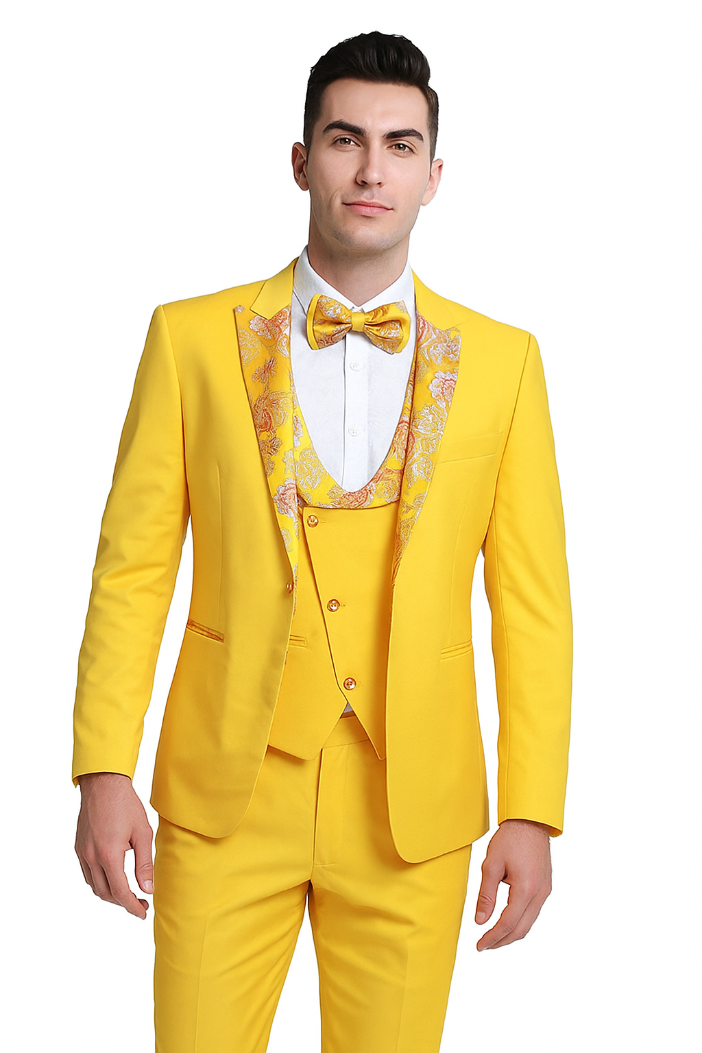 Radiant Golden Bloom Mens 3-Piece Suit with Floral Peak Lapel - 34 Short or Extra Small