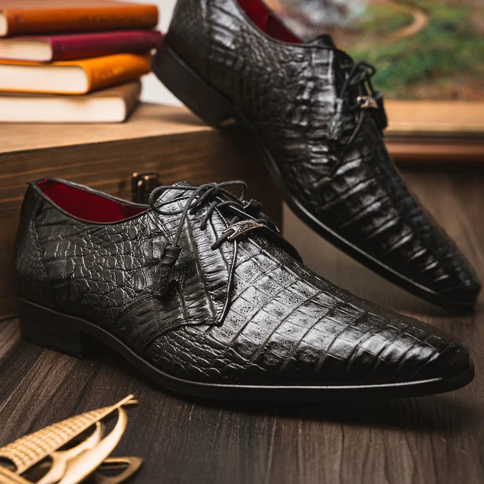 Marco Di Milano Lacio Men's Shoes Black Genuine Caiman Crocodile Dress Derby Oxfords - 8.5