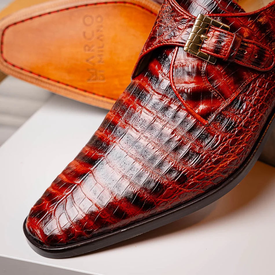 Marco Di Milano Rovigo Men's Shoes Cognac Exotic Crocodile Skin Single Monk-strap Loafers - 8.5