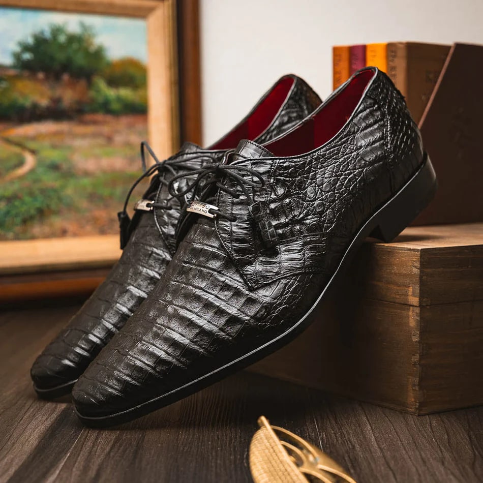 Marco Di Milano Lacio Men's Shoes Black Genuine Caiman Crocodile Dress Derby Oxfords - 6