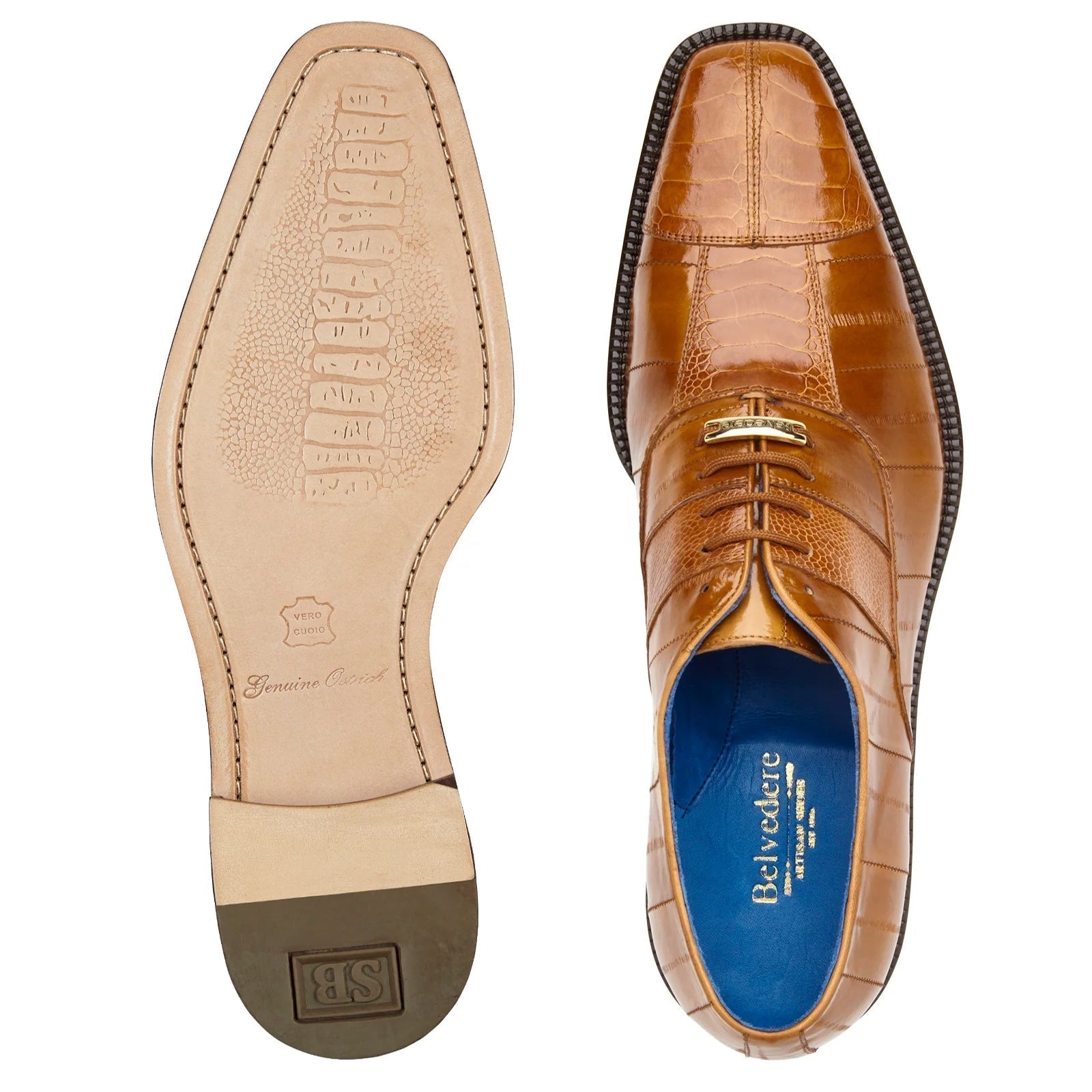 Men's Belvedere Mare Ostrich Leg & Eel Skin Dress Shoe in Camel - 9-M
