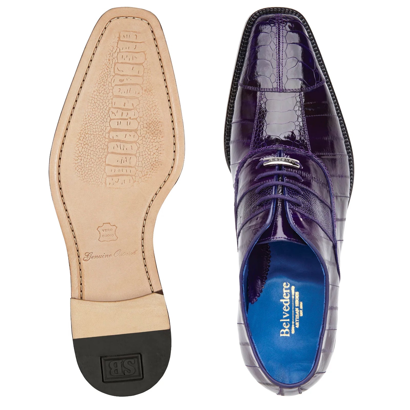 Men's Belvedere Mare Ostrich Leg & Eel Skin Dress Shoe in Purple - 9-M