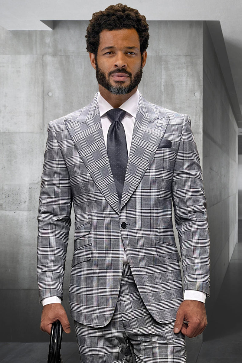 Men's Designer One Button Peak Lapel Wool Suit in Grey Windowpane Plaid - 36 Short