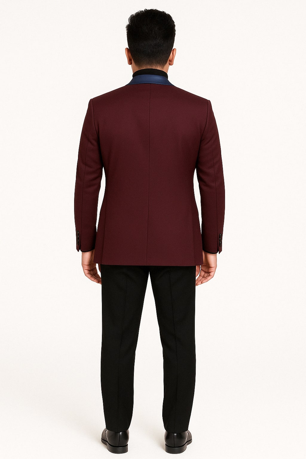 Mens Maroon Tuxedo Jacket with Blue Satin Shawl Lapel â€“ Slim Fit Formal Blazer in Burgundy and Navy Blue - 34 Short or Extra Small