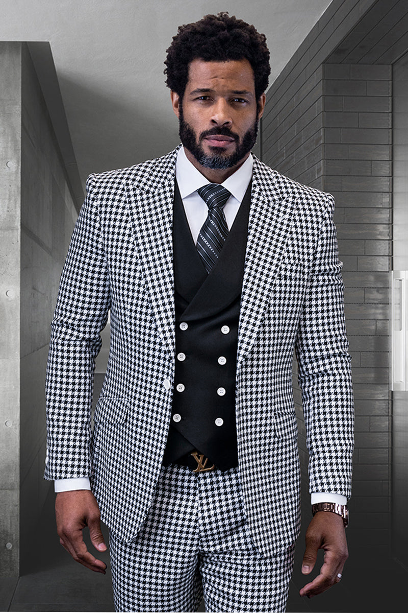 Men's Designer Wool Modern Fit Wide Peak Lapel Vested Suit in Black Micro Plaid - 36 Short
