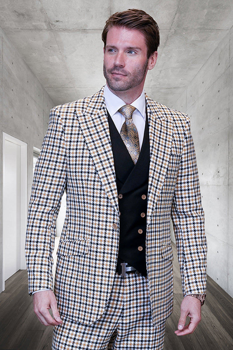 Men's Designer Wool Modern Fit Wide Peak Lapel Vested Suit in Camel Micro Plaid - 36 Short