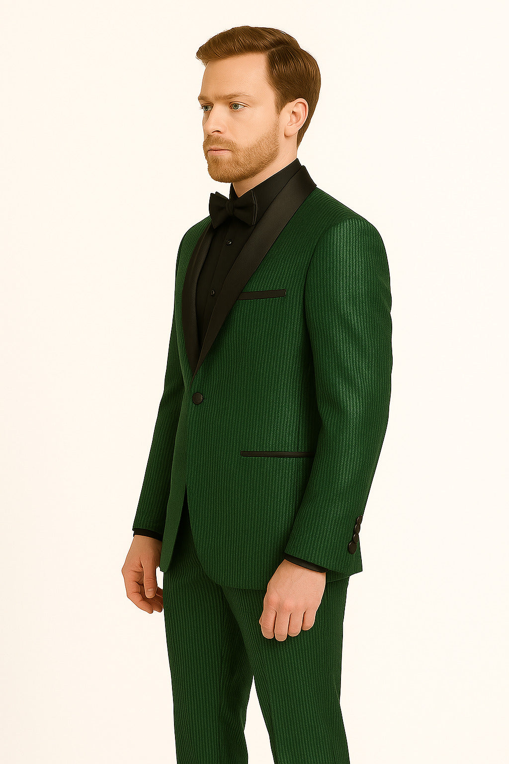 Men's Emerald Green Shiny Tuxedo with Black Satin Lapel and Matching Bow Tie â€“ Ultra Slim Fit - 34 Short or Extra Small