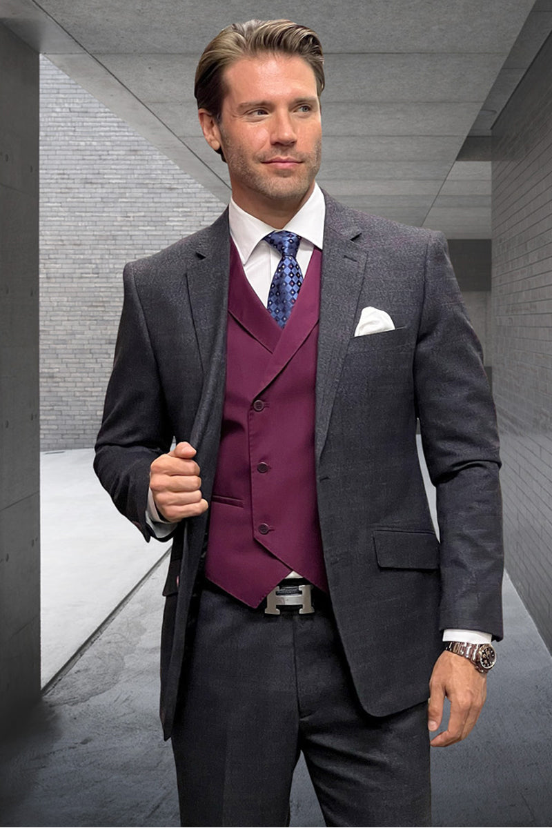 Men's Modern Fit Wool & Cashmere Plaid Business Suit in Charcoal Grey - 36 Short