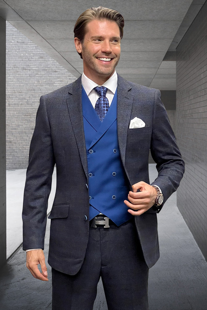Men's Modern Fit Wool & Cashmere Plaid Business Suit in Sapphire Blue - 36 Short