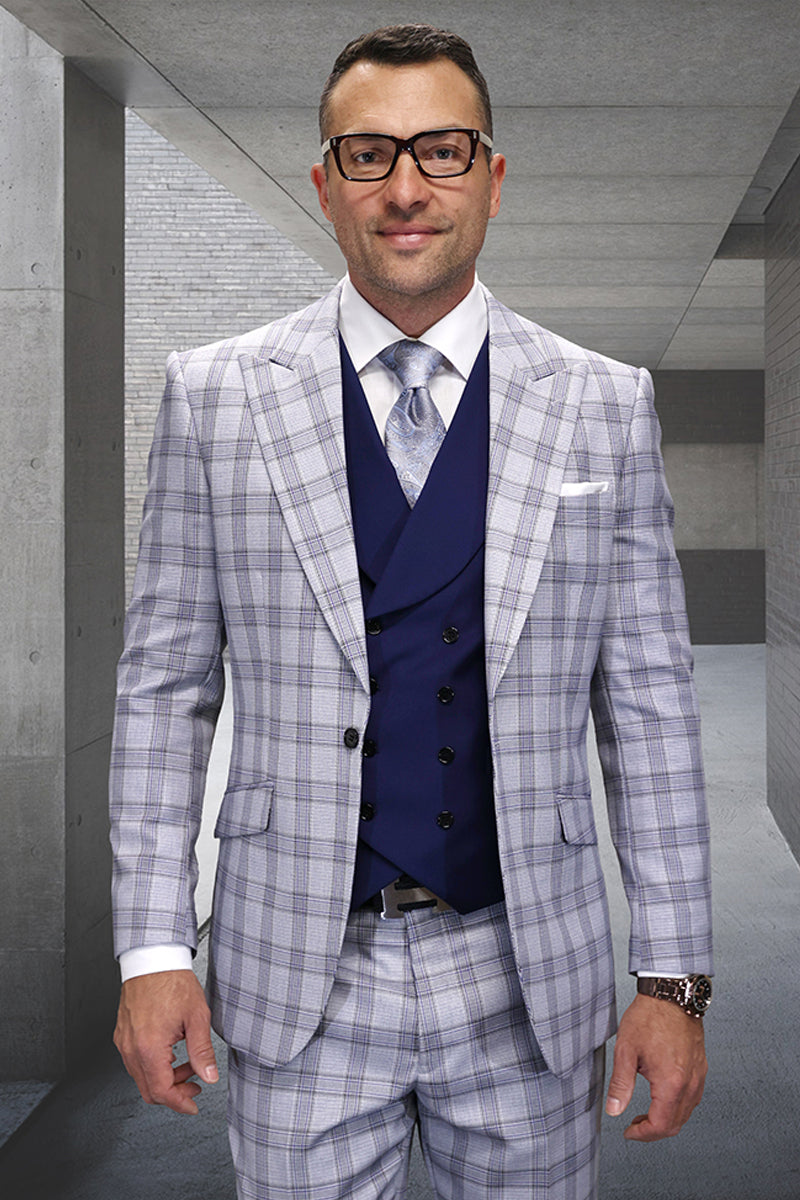 Men's Single Button Designer Wool Suit With Double Breasted Vest in Grey Windowpane Plaid - 36 Short