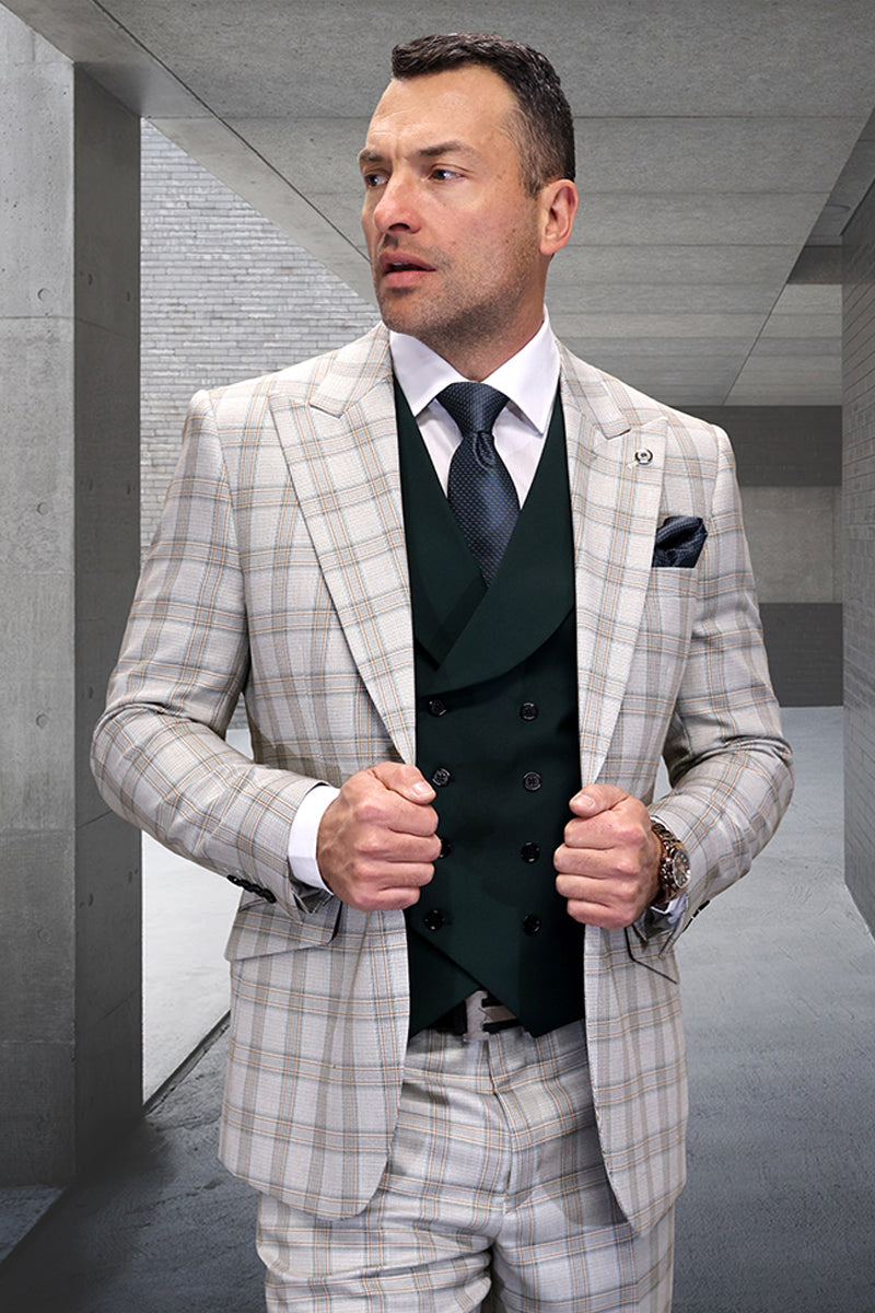Men's Single Button Designer Wool Suit With Double Breasted Vest in Hunter Green Windowpane Plaid - 36 Short