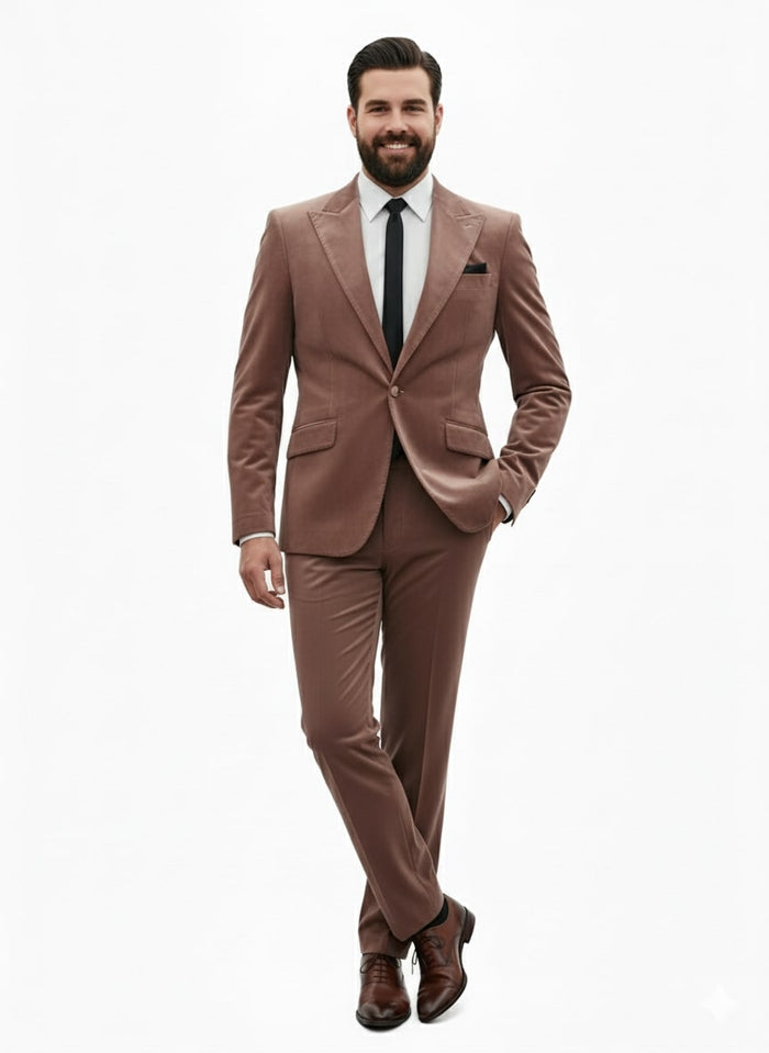 Mens Mauve Velvet Suit â€“ 2 Piece Ultra Slim Fit Blazer and Pants Formal Set in Light Brown Tuxedo