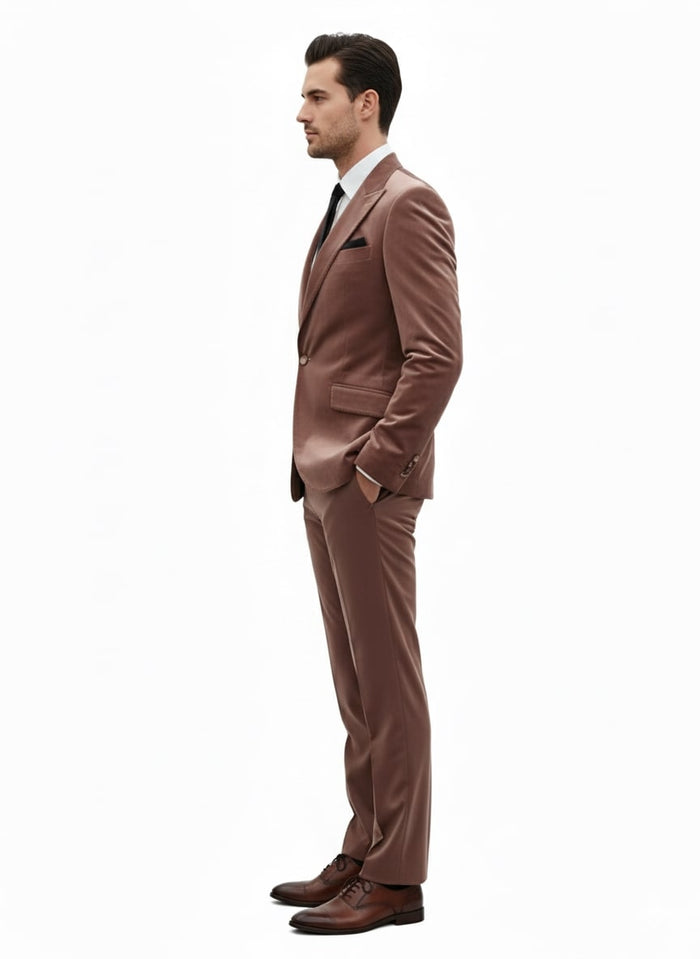 Mens Mauve Velvet Suit â€“ 2 Piece Ultra Slim Fit Blazer and Pants Formal Set in Light Brown Tuxedo