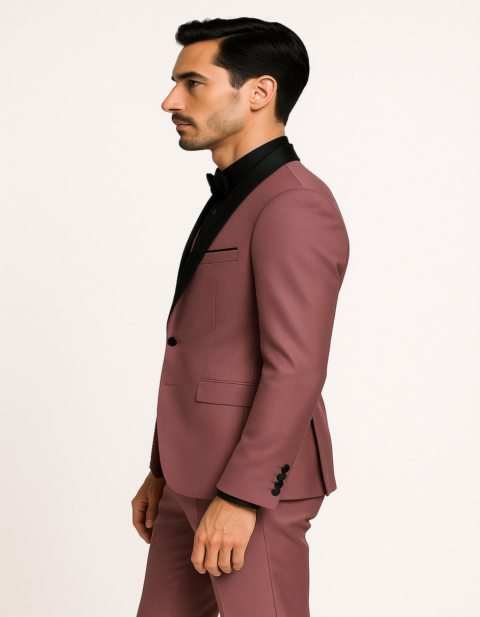 Men's Mauve Pink Tuxedo Suit – 3-Piece Slim Fit with Black Satin Shawl Lapel - 34 Short or Extra Small