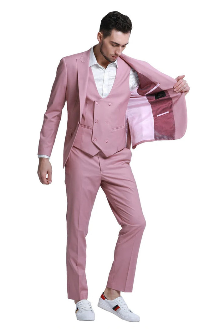 Cheap priced Suit  - Men's Slim Fit One Button Peak Lapel Low Cut Double Breasted Vest Wedding Mauve Suit pink