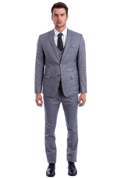 Cheap Priced Suit- Men's Two Button Slim Fit Vested Solid Basic Color Medium Grey Suit