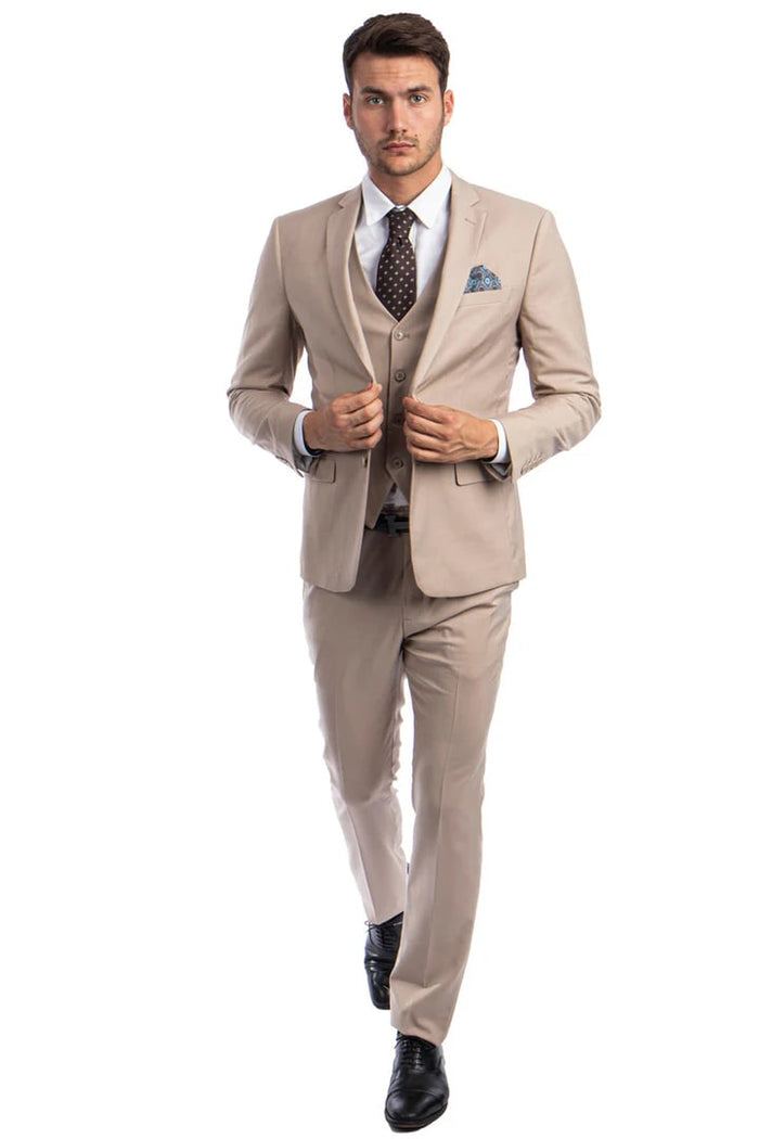Cheap Priced Suit  - Men's Two Button Slim Fit Vested Solid Basic Color Medium Tan Suit