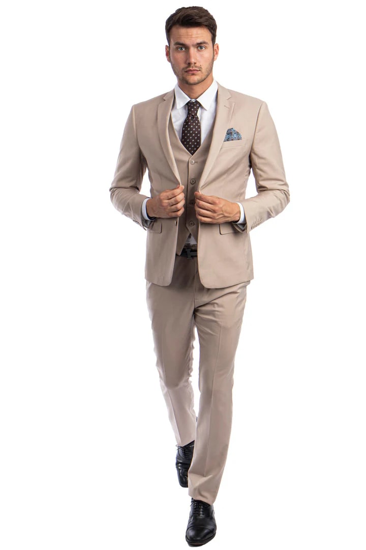 Cheap Suit - Men's Two Button Slim Fit Vested Solid Basic Color Medium Tan Suit