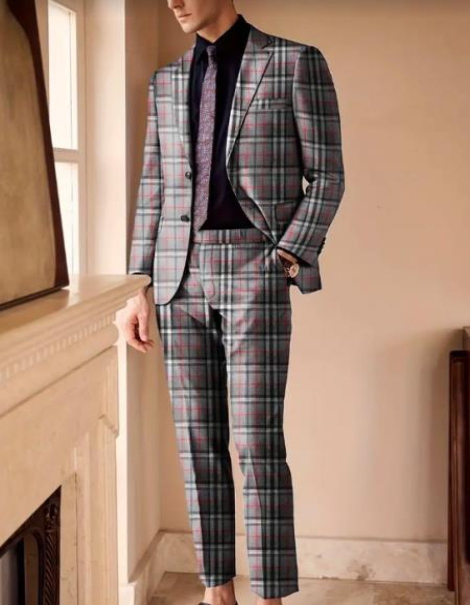 Medium Gray With Black Mix Pattern With Red Plaid Suit Windowpane Suit Vested Suit - Light Weight Wool Suit - 100% Percent Wool Fabric Suit - Worsted Wool Business Suit - Coat Size 38
