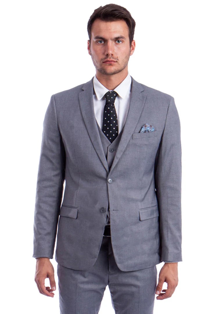 Cheap Suit - Men's Two Button Slim Fit Vested Solid Basic Color Medium Grey Suit