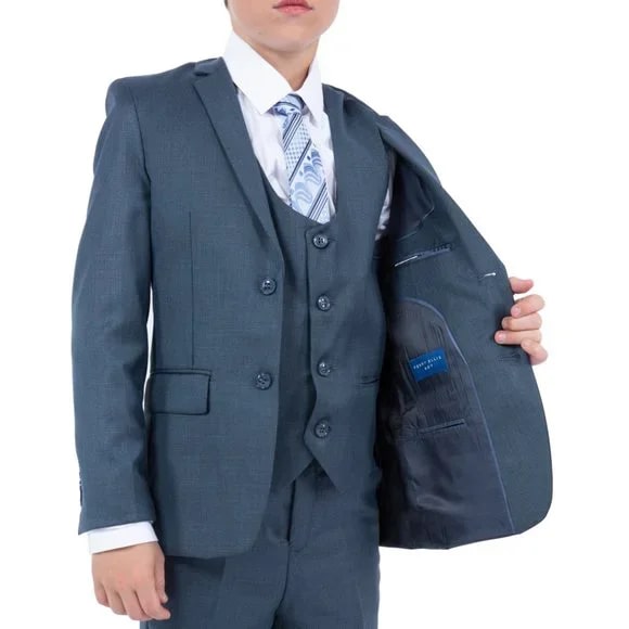 Perry Ellis Boys Sharkskin 5pc Suit, Medium Navy - Boy Size : 4 (Weight 38 to 49)