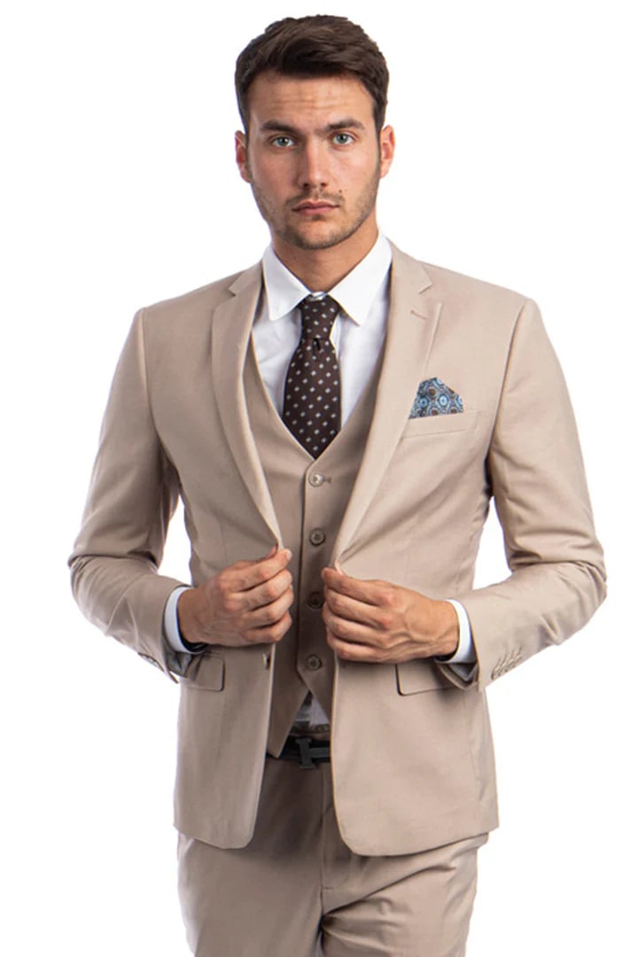 Cheap Suit - Men's Two Button Slim Fit Vested Solid Basic Color Medium Tan Suit