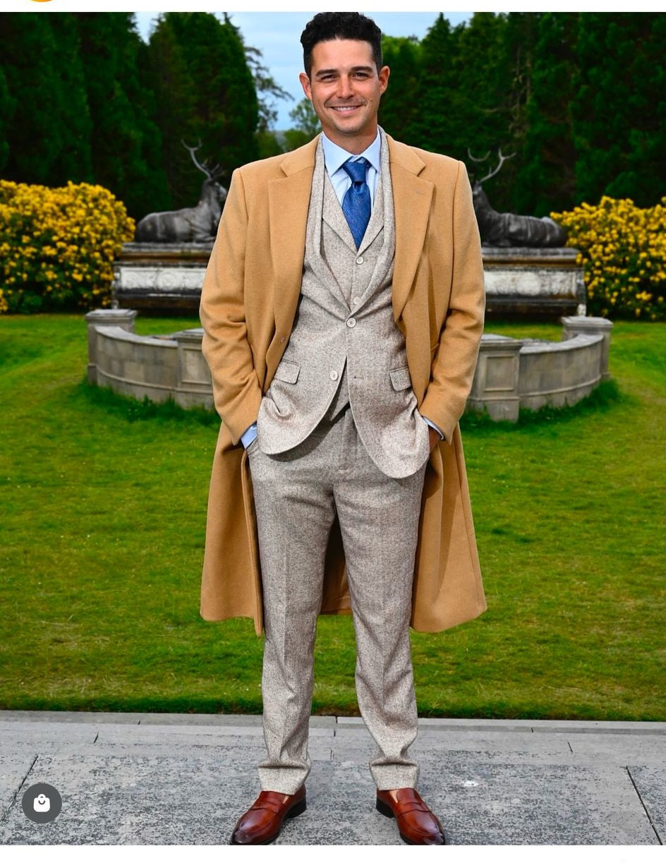 Great Gatsby Package -  Mens Camel Overcoat with Beige Tweed 3-Piece Suit Combo 4 Items Formal Winter Outfit - Coat Size 38