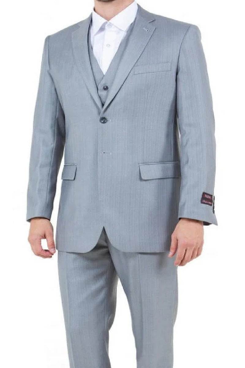 Mens Light Gray Sharkskin 3 Piece Regular Fit Side Vent Suit - Coat Size 38