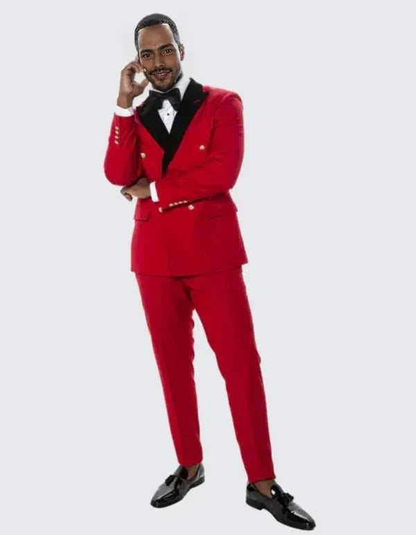 Red Double Breasted Tuxedo with Velvet Peak Lapel - Wedding - Prom 2025 - 34 Short or Extra Small