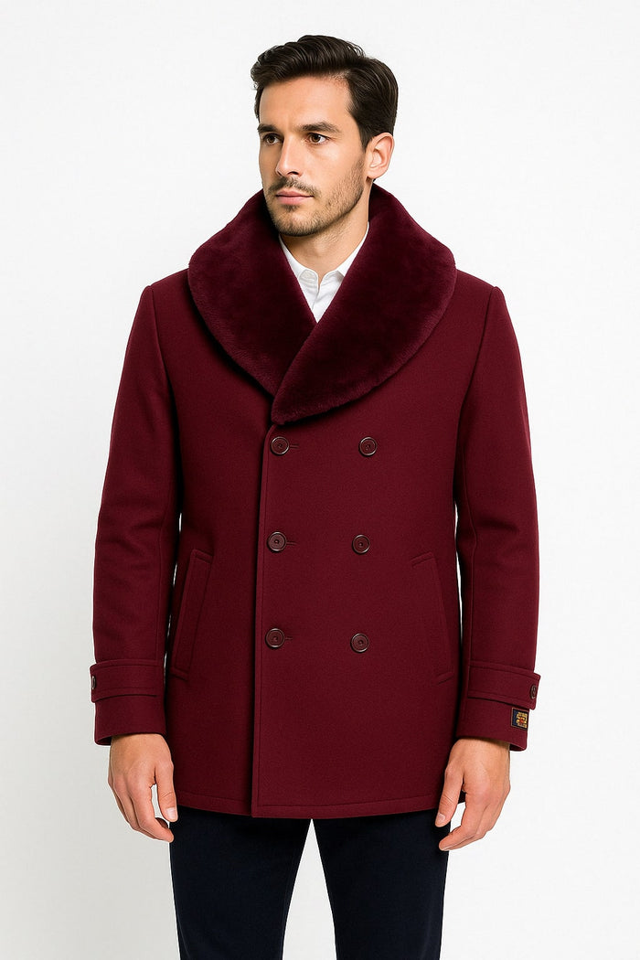 Mens Burgundy Double-Breasted Overcoat with Faux Fur Shawl Collar, Alberto Nardoni Signature