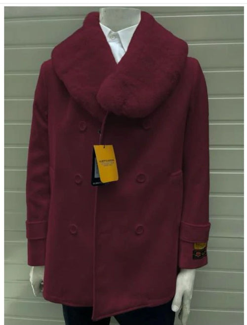 Mens Burgundy Double-Breasted Overcoat with Faux Fur Shawl Collar, Alberto Nardoni Signature
