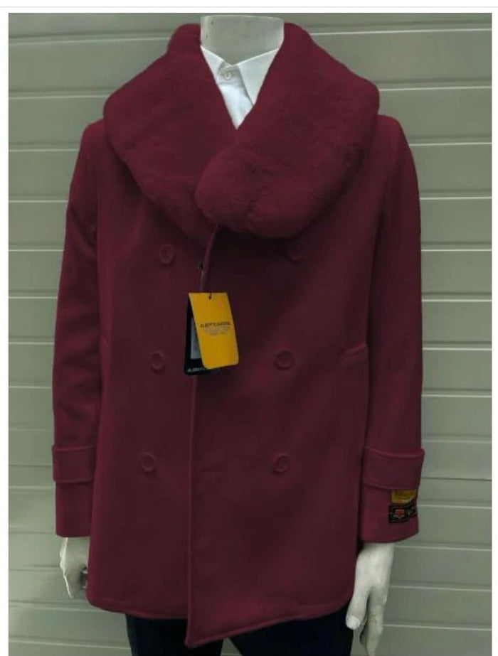 Mens Burgundy Double-Breasted Overcoat with Faux Fur Shawl Collar, Alberto Nardoni Signature